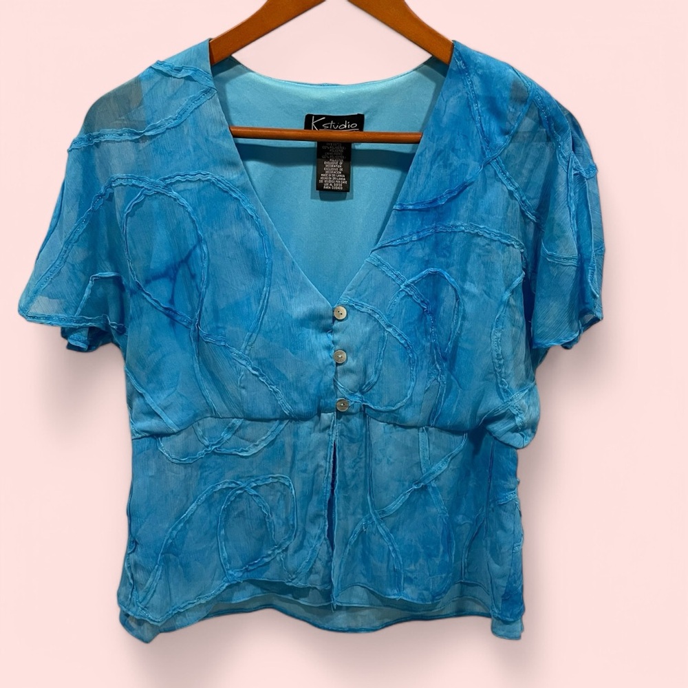 Beautiful Y2K K Studio aqua blue button collar babydoll flowy stitched trim top